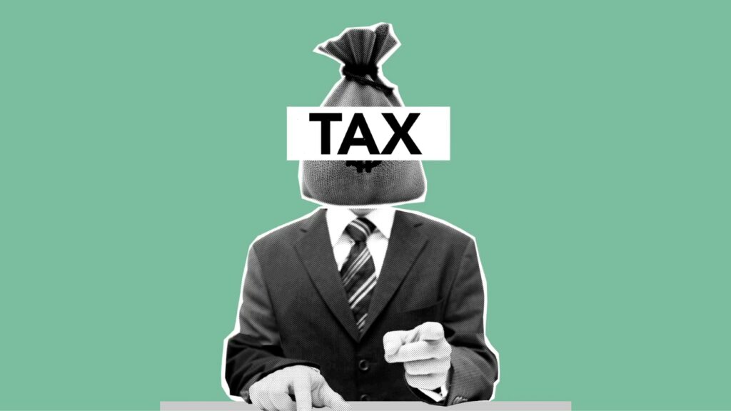 Surreal illustration of a businessman with a money bag for a head labeled "TAX," pointing forward against a green background, symbolising the burden or authority of taxation.