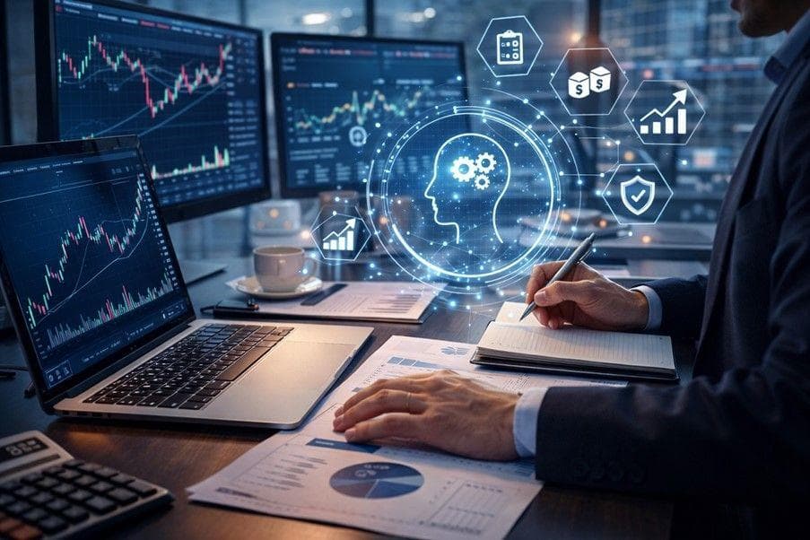 Investor analysing financial markets and AI-driven investment trends